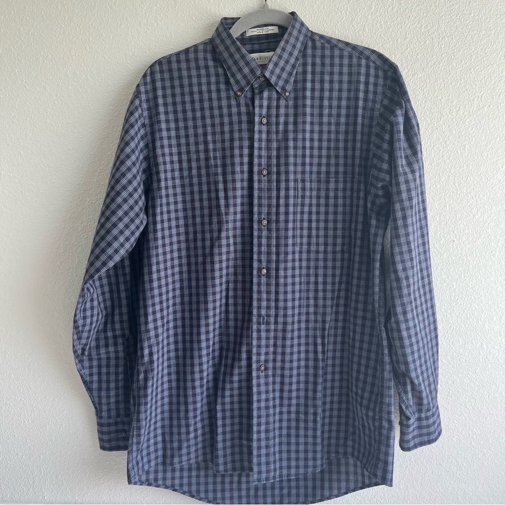Van Heusen navy blue and white plaid dress shirt